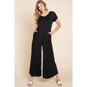 BomBom Ribbed Wide Leg Jumpsuit in Black‎ Sz S Modern Flowy Neutral